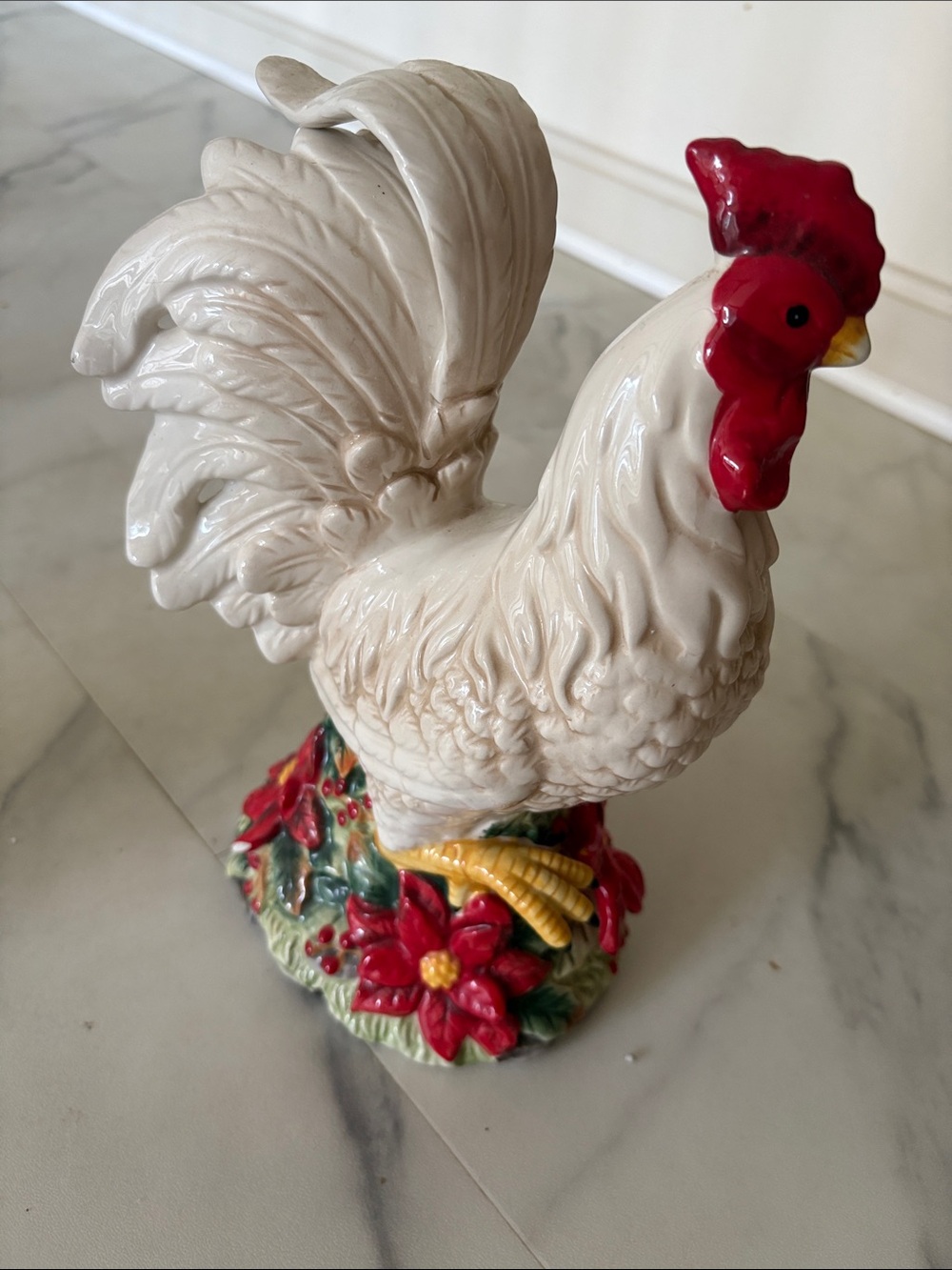 Ceramic White Rooster Figurine with Red Accents - Decorative Home Accent